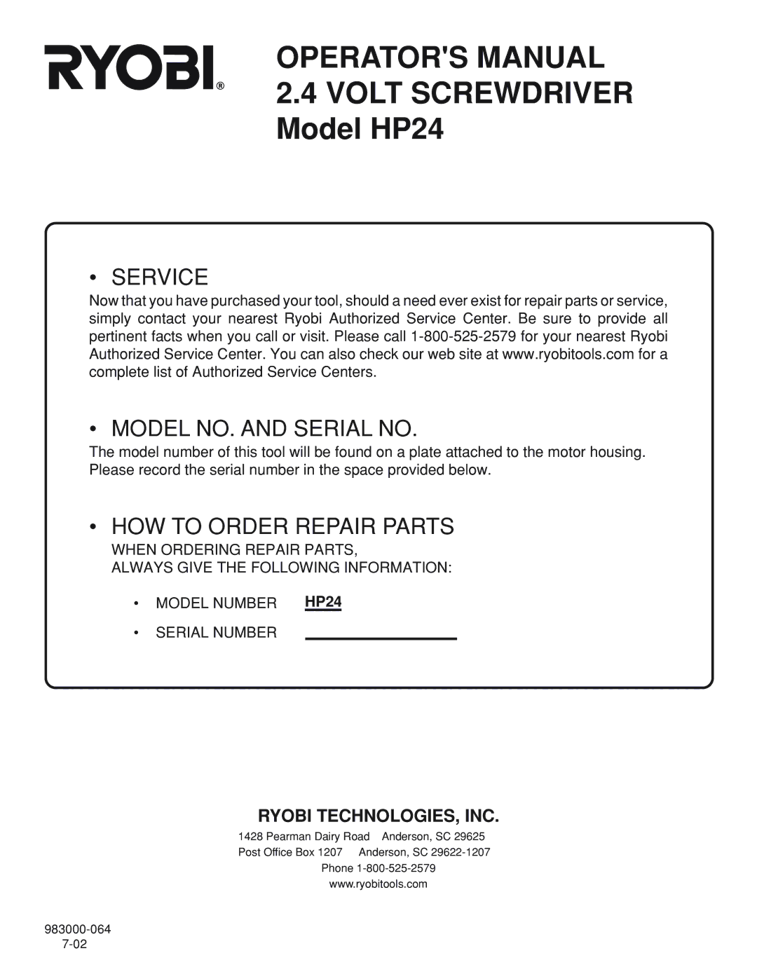 Ryobi specifications Operators Manual 2.4 Volt Screwdriver Model HP24 