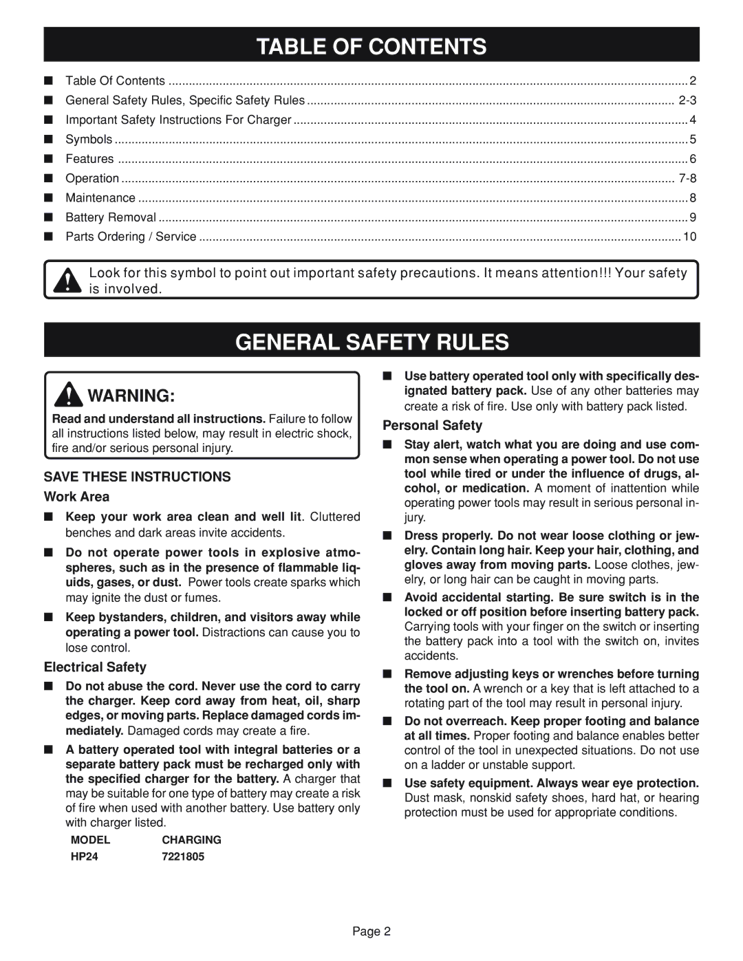 Ryobi HP24 specifications Table of Contents, General Safety Rules 