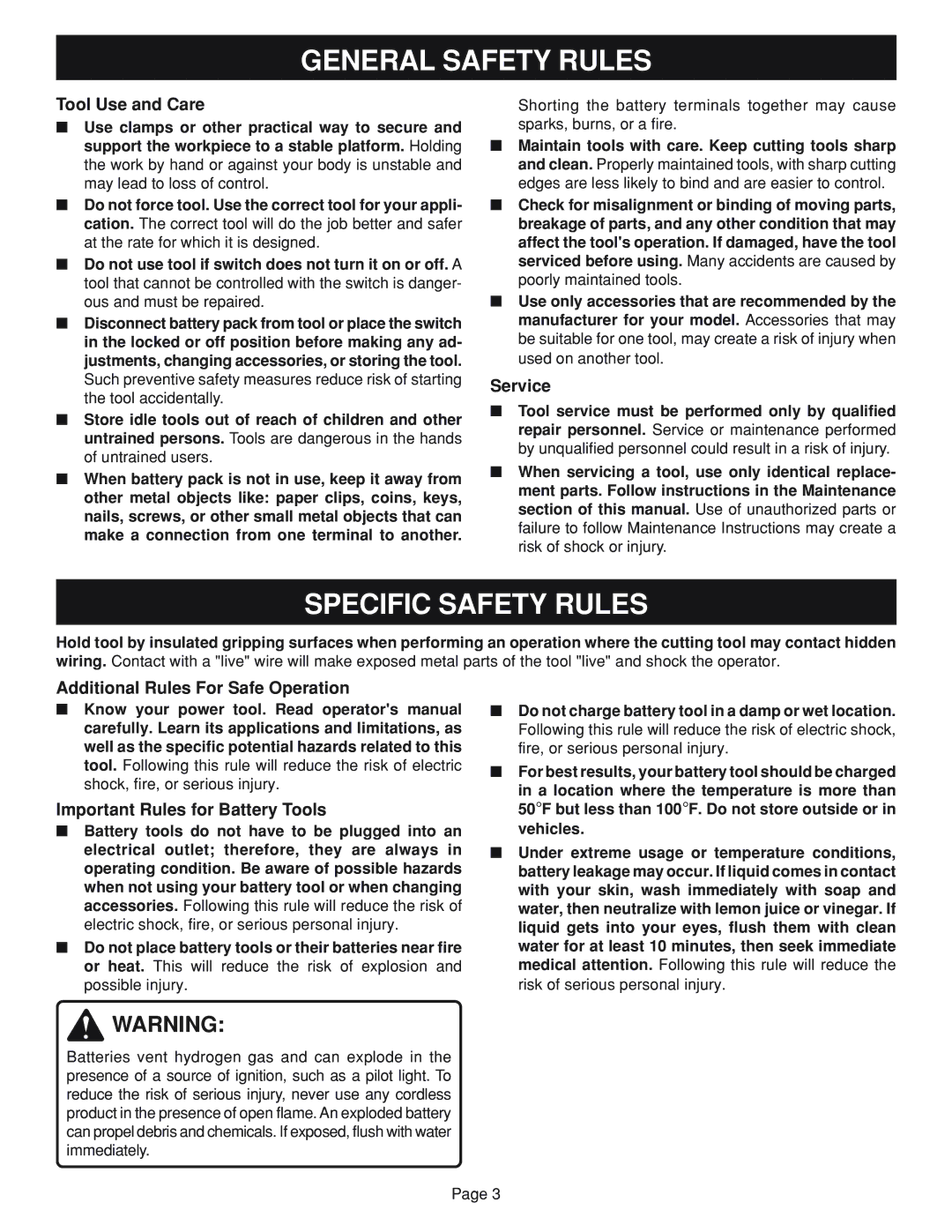 Ryobi HP24 specifications Specific Safety Rules, Tool Use and Care 