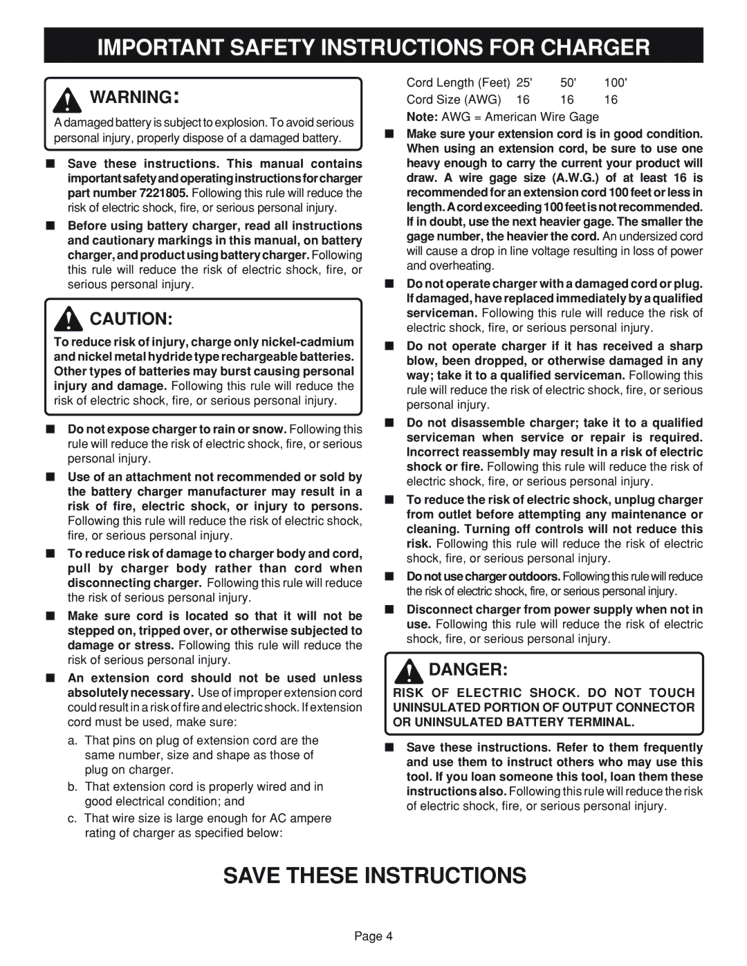 Ryobi HP24 specifications Important Safety Instructions for Charger 