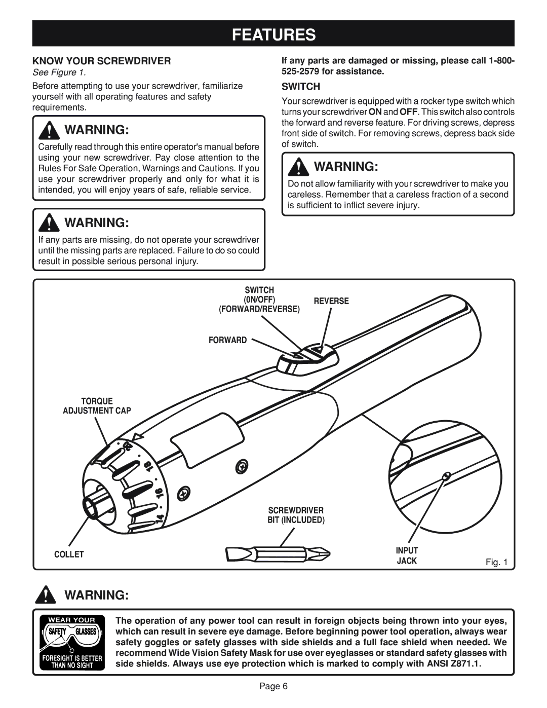 Ryobi HP24 specifications Features, Know Your Screwdriver, Switch, Input Jack 