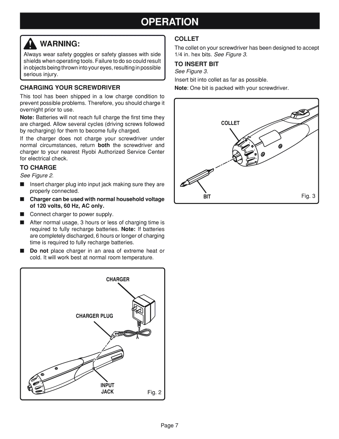 Ryobi HP24 specifications Operation, Charging Your Screwdriver, To Charge, Collet, To Insert BIT 