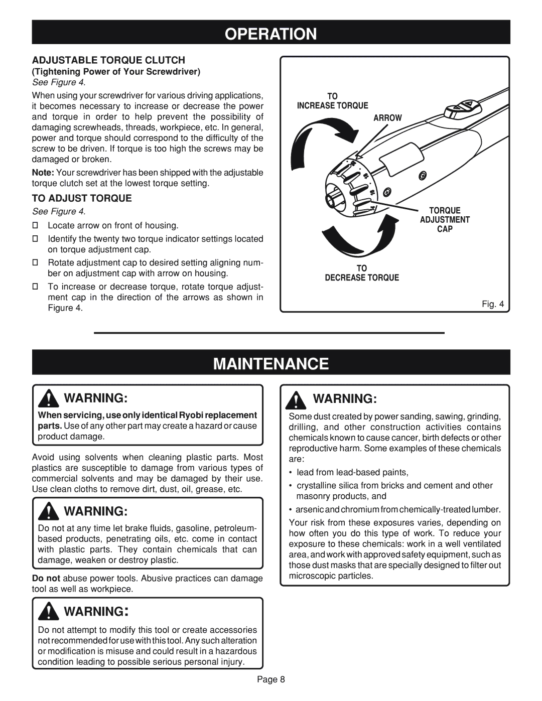 Ryobi HP24 Maintenance, Adjustable Torque Clutch, To Adjust Torque, Increase Torque Arrow Decrease Torque Adjustment CAP 