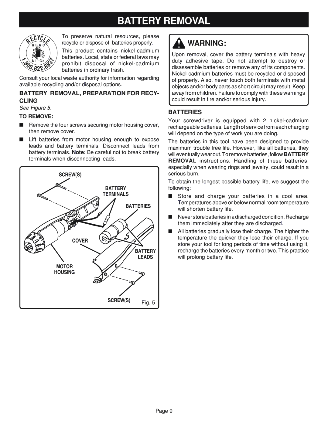 Ryobi HP24 specifications Battery Removal, Battery REMOVAL, Preparation for RECY- Cling, Batteries 