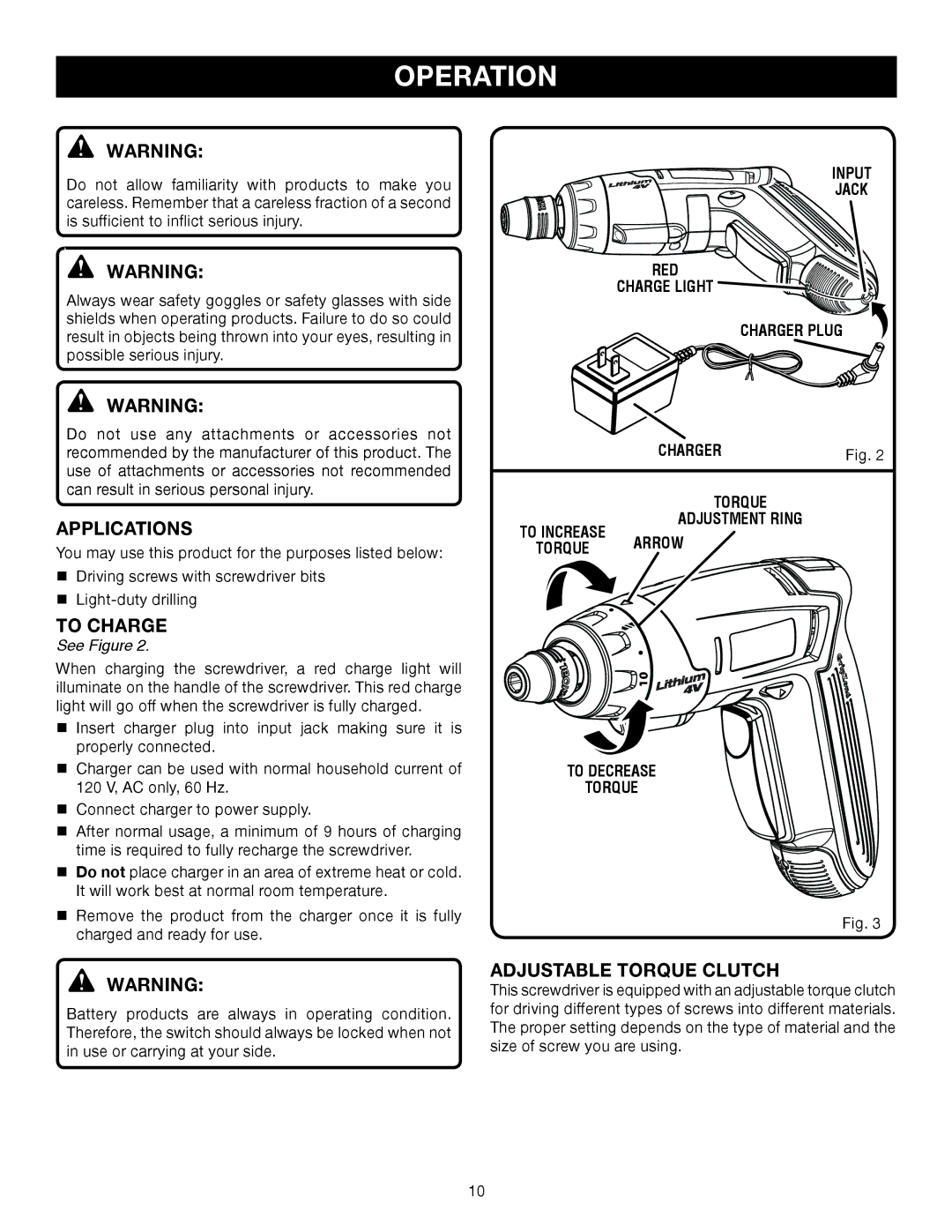 Ryobi HP41LK manual Operation, Applications, To Charge, Adjustable torque clutch 