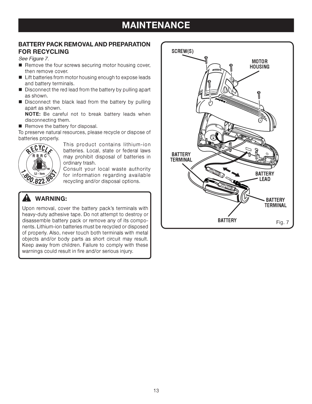 Ryobi HP41LK manual Battery Pack Removal and Preparation for Recycling 