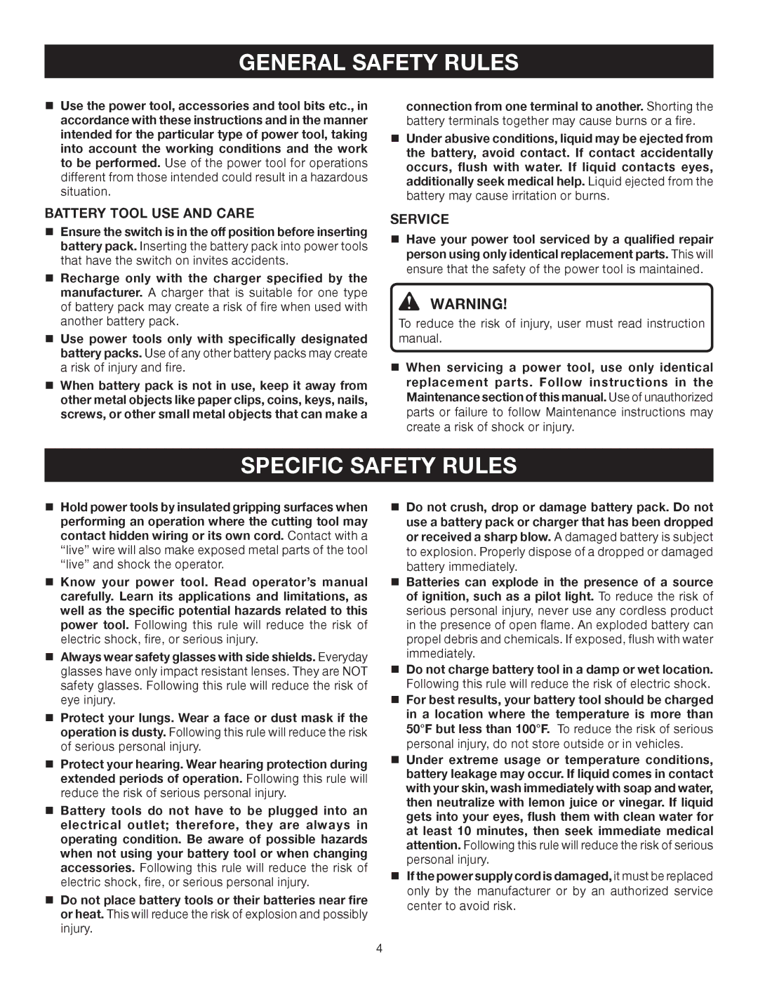 Ryobi HP41LK manual Specific Safety Rules, Battery Tool USE and Care, Service 