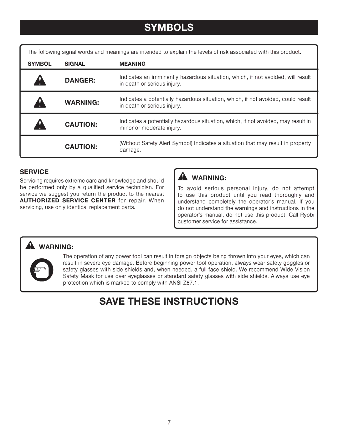 Ryobi HP41LK manual Service, Symbol Signal Meaning 