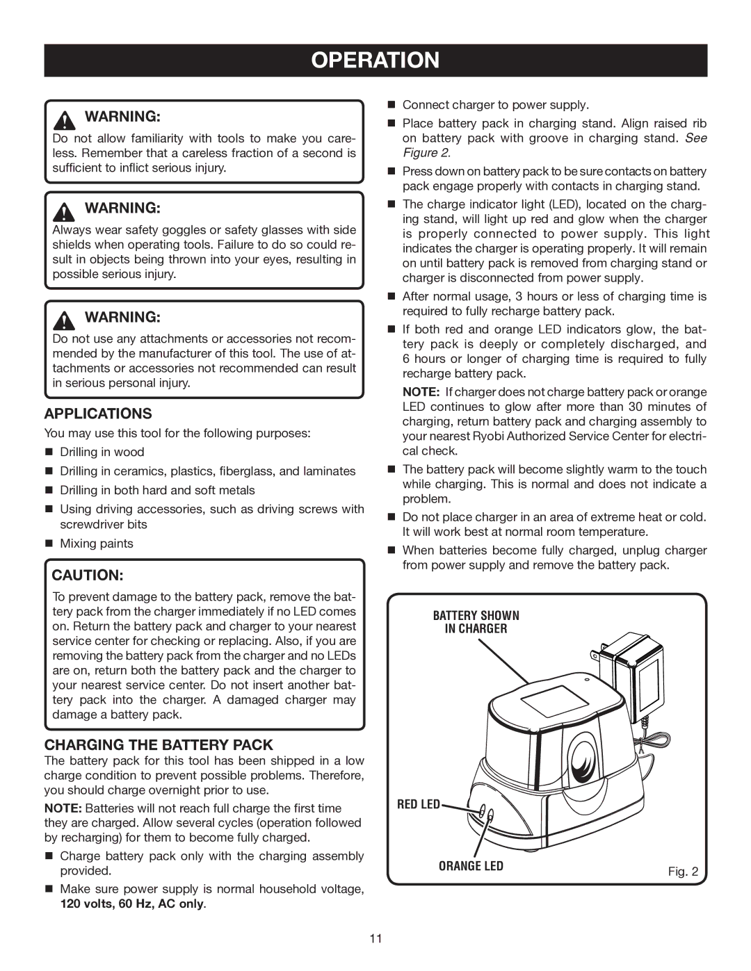 Ryobi HP472 manual Operation, Applications, Charging the Battery Pack 