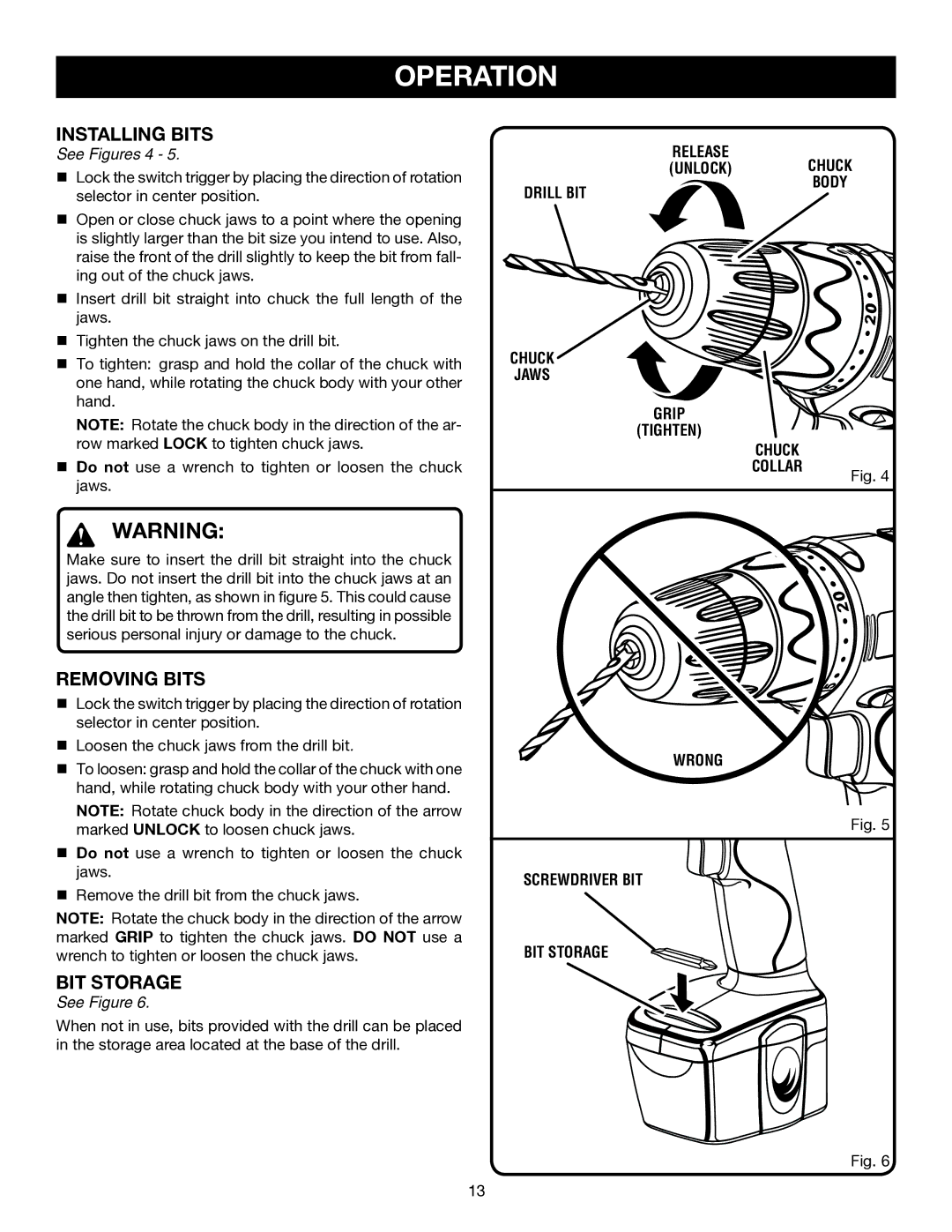 Ryobi HP472 manual Installing Bits, Removing Bits 