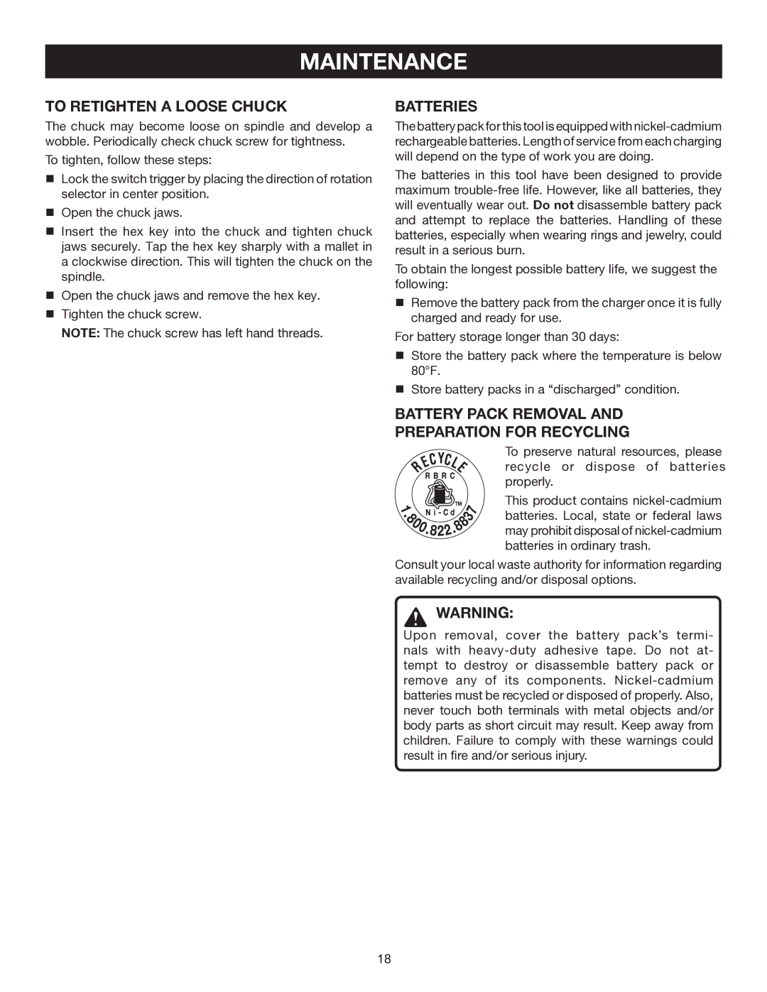 Ryobi HP472 manual To Retighten a Loose Chuck, Batteries, Battery Pack Removal Preparation for Recycling 