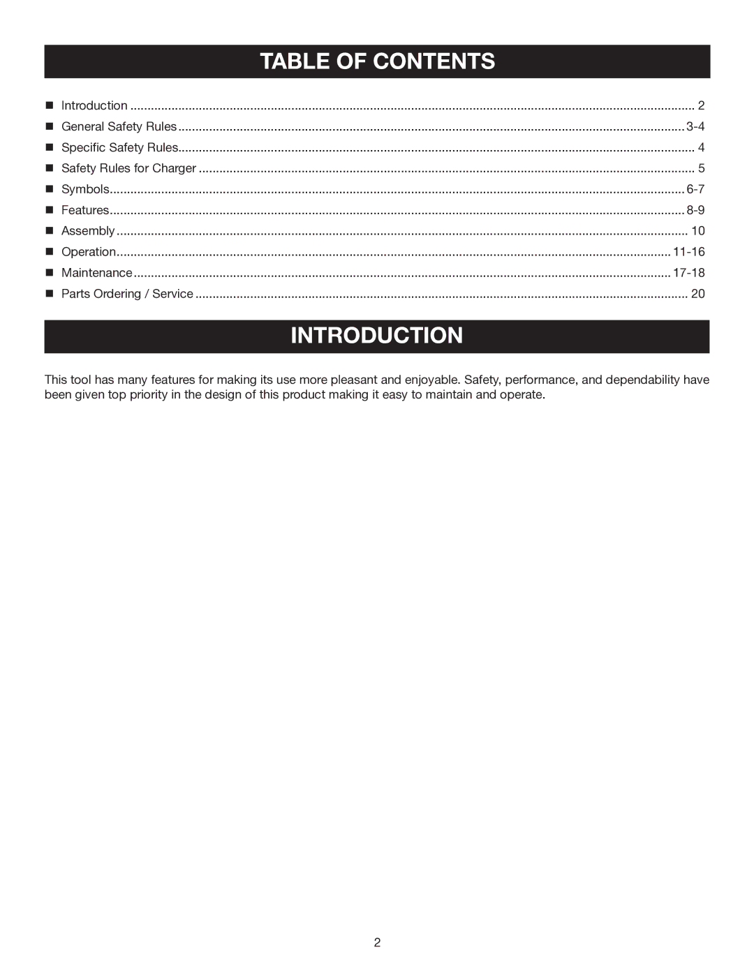 Ryobi HP472 manual Introduction, Table of Contents 