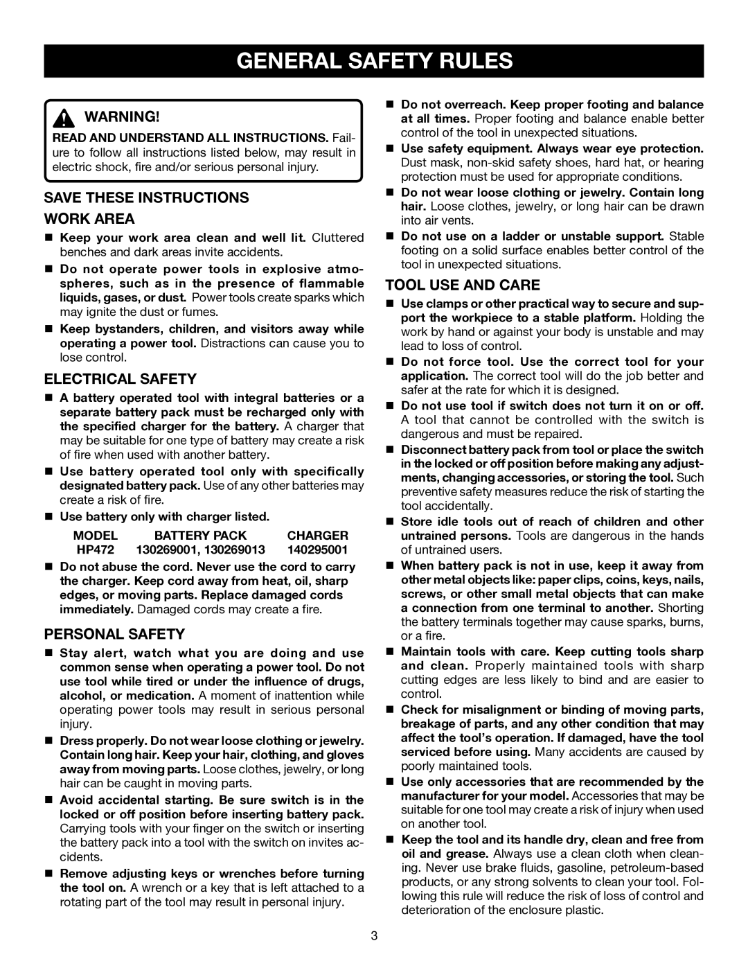 Ryobi HP472 manual General Safety Rules, Work Area, Electrical Safety, Personal Safety, Tool USE and Care 