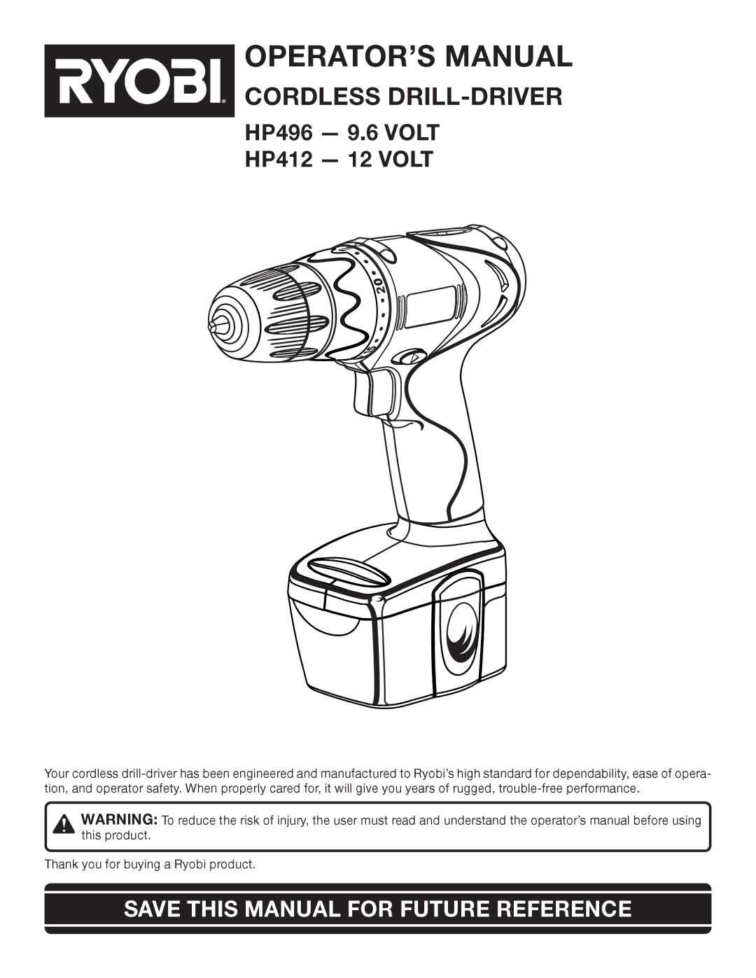 Ryobi HP412, HP496 manual OPERATOR’S Manual, Save this Manual for Future Reference 