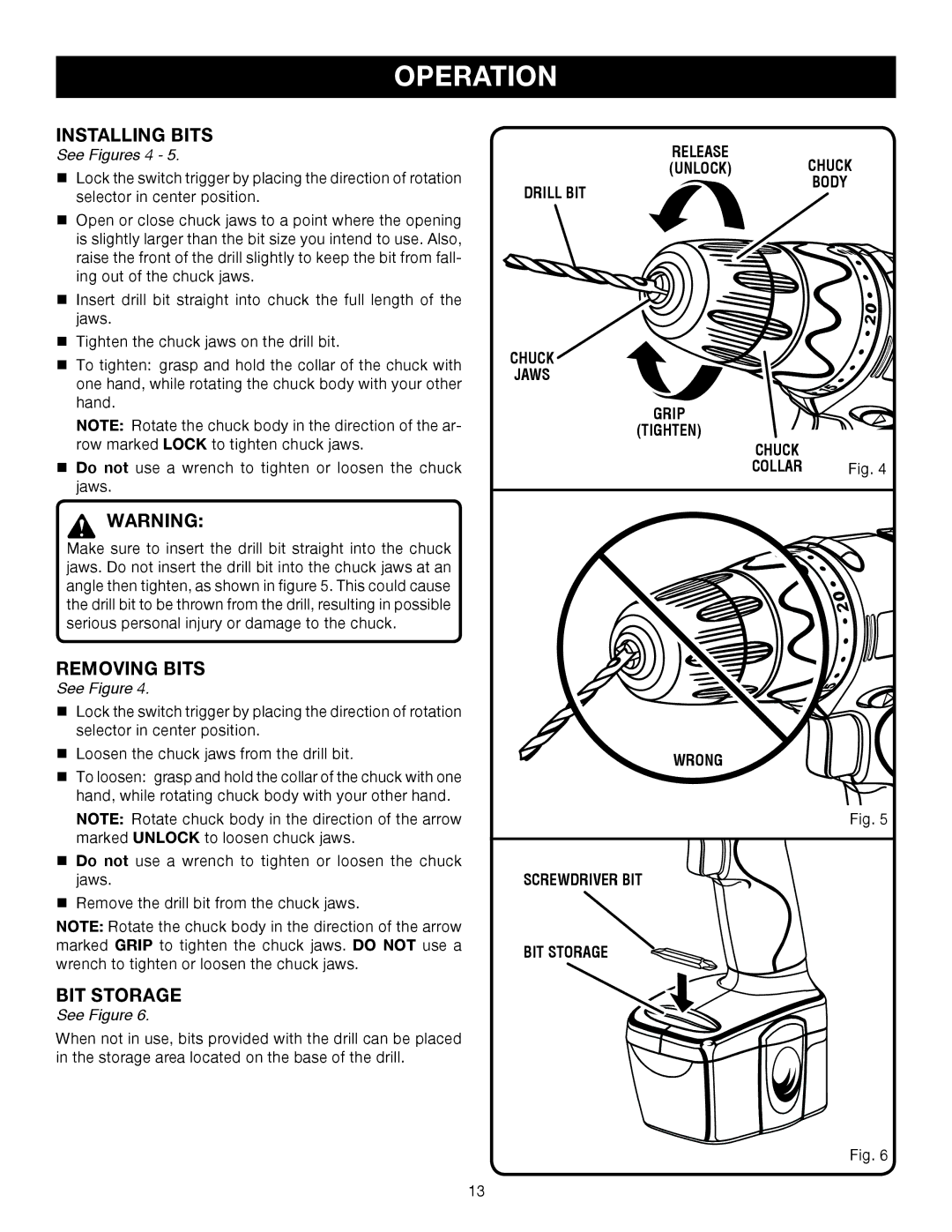 Ryobi HP412, HP496 manual Installing Bits, Removing Bits 