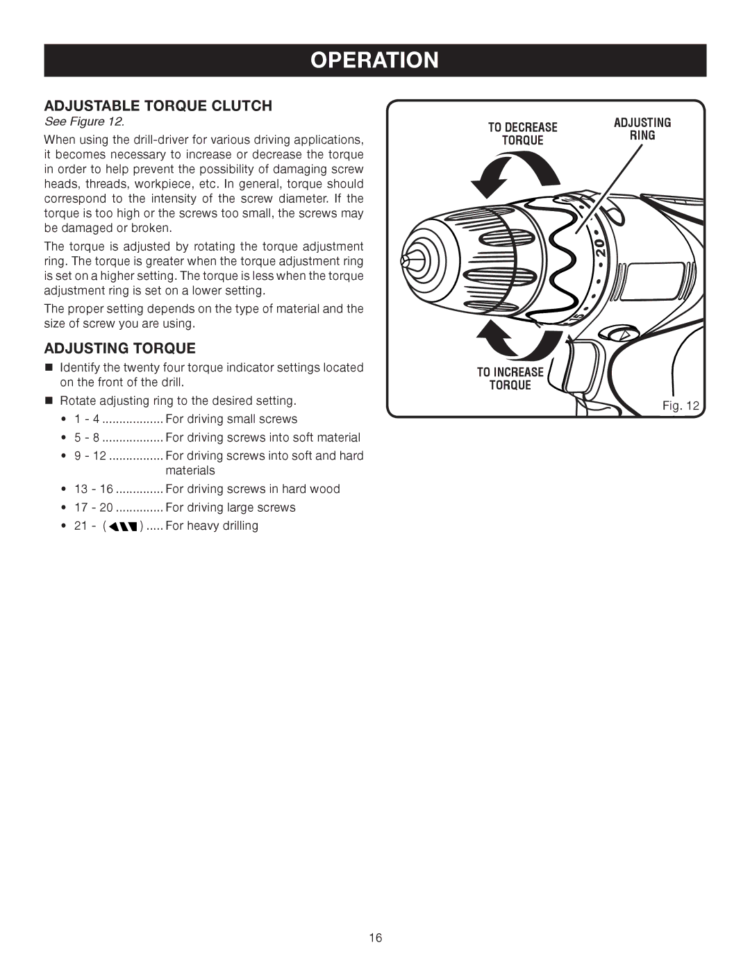 Ryobi HP496, HP412 manual Adjustable Torque Clutch, Adjusting Torque 