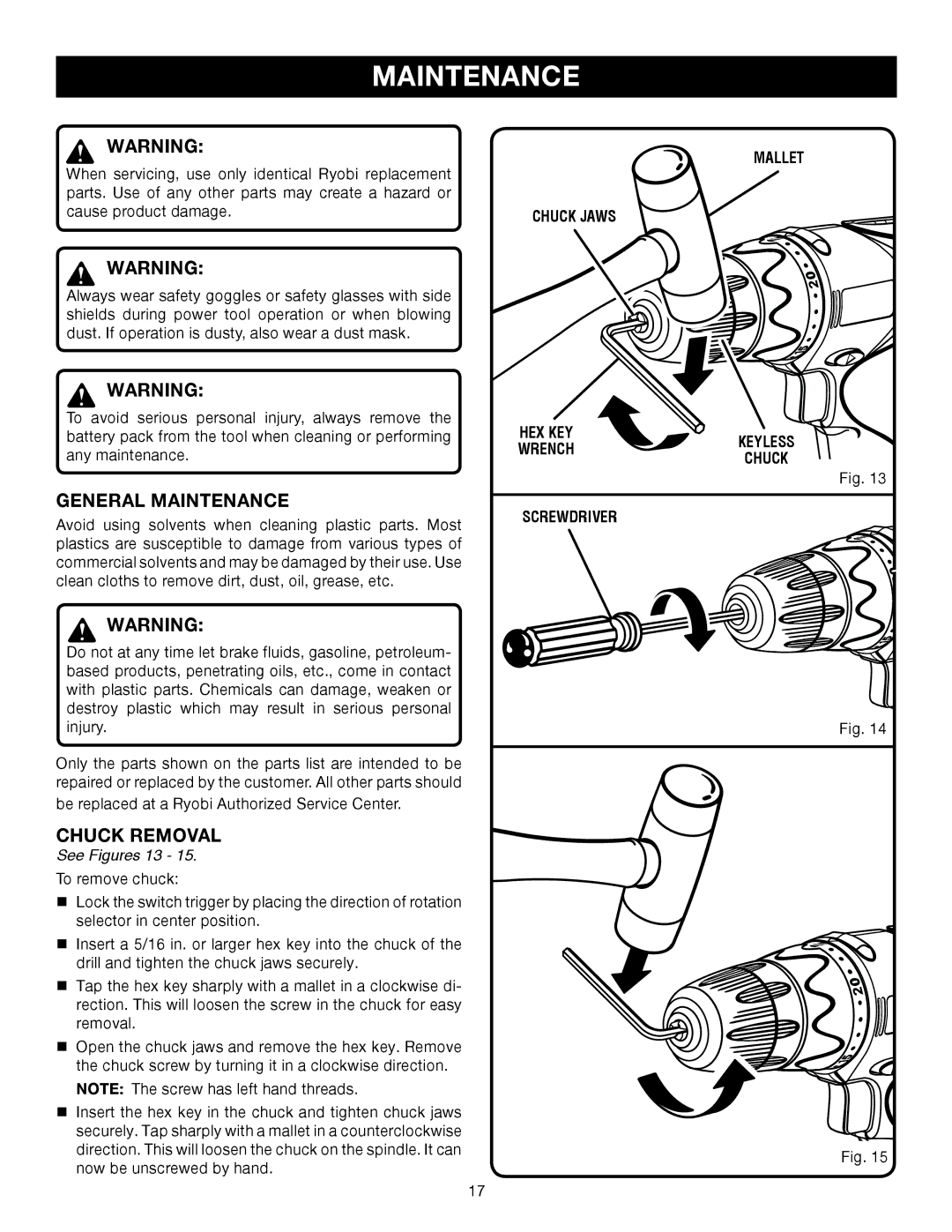 Ryobi HP412, HP496 manual General Maintenance, Chuck Removal 