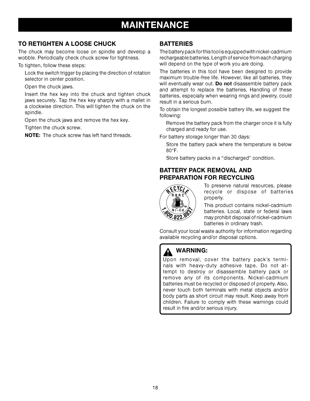 Ryobi HP496, HP412 manual To Retighten a Loose Chuck, Batteries, Battery Pack Removal Preparation for Recycling 