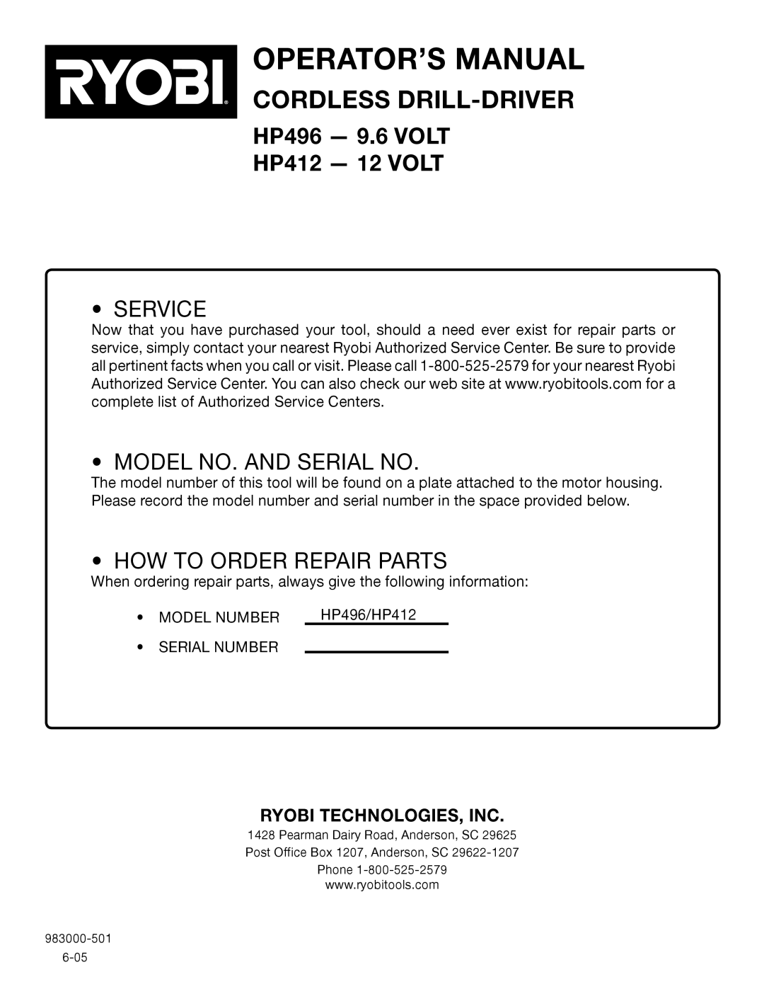 Ryobi HP496, HP412 manual Service Model NO. and Serial no 