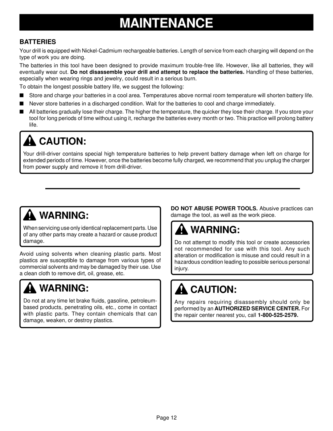 Ryobi HP61 manual Maintenance, Batteries 