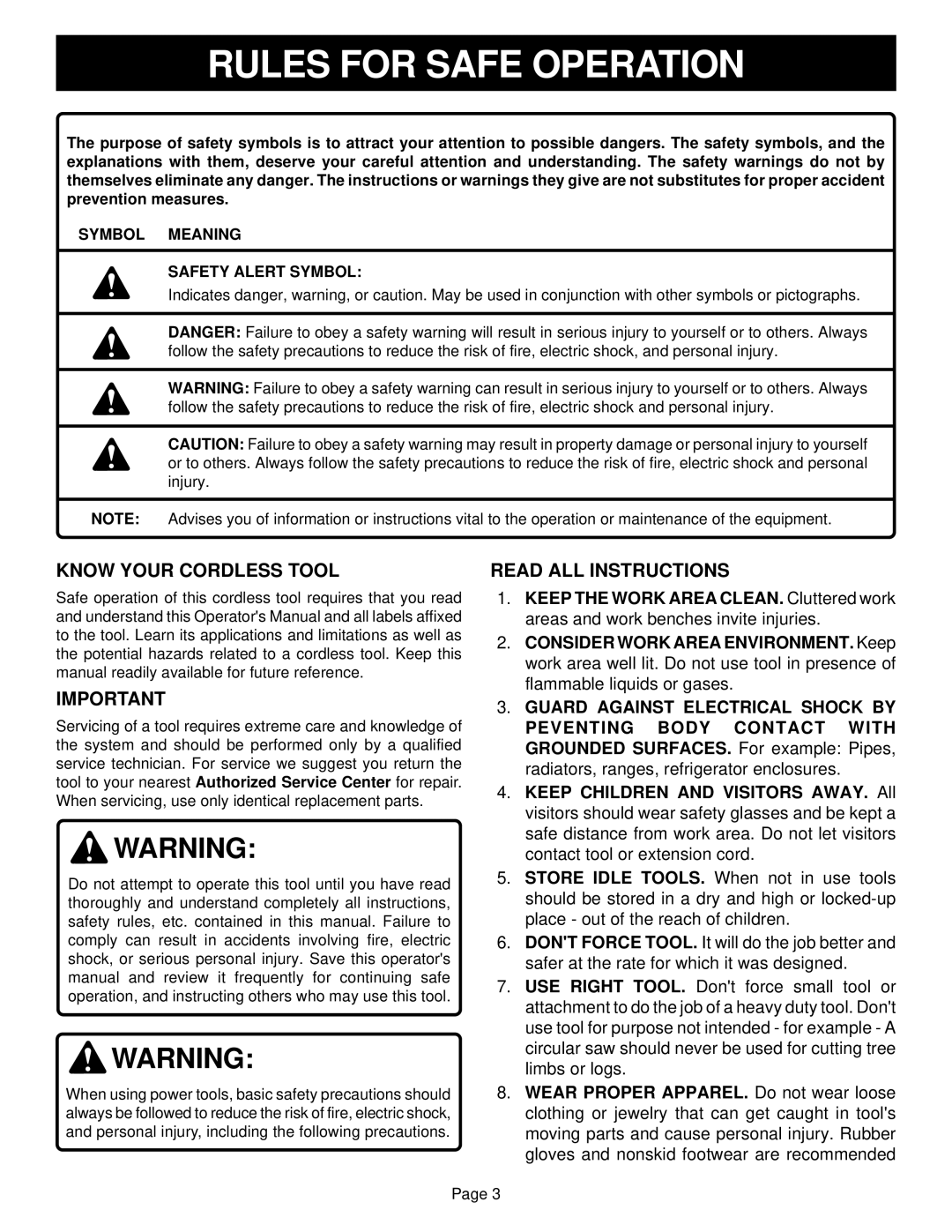 Ryobi HP61 Rules for Safe Operation, Know Your Cordless Tool, Read ALL Instructions, Symbol Meaning Safety Alert Symbol 