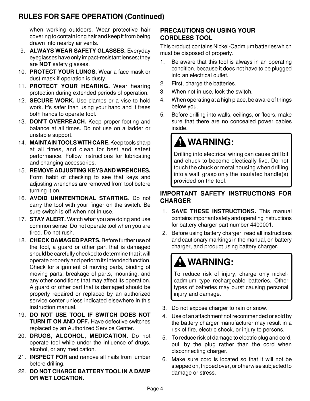 Ryobi HP61 manual Precautions on Using Your Cordless Tool, Important Safety Instructions for Charger 