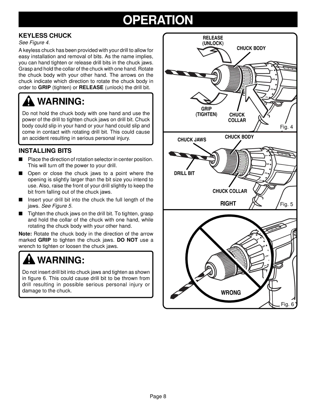 Ryobi HP61 manual Keyless Chuck, Installing Bits, Right Wrong 