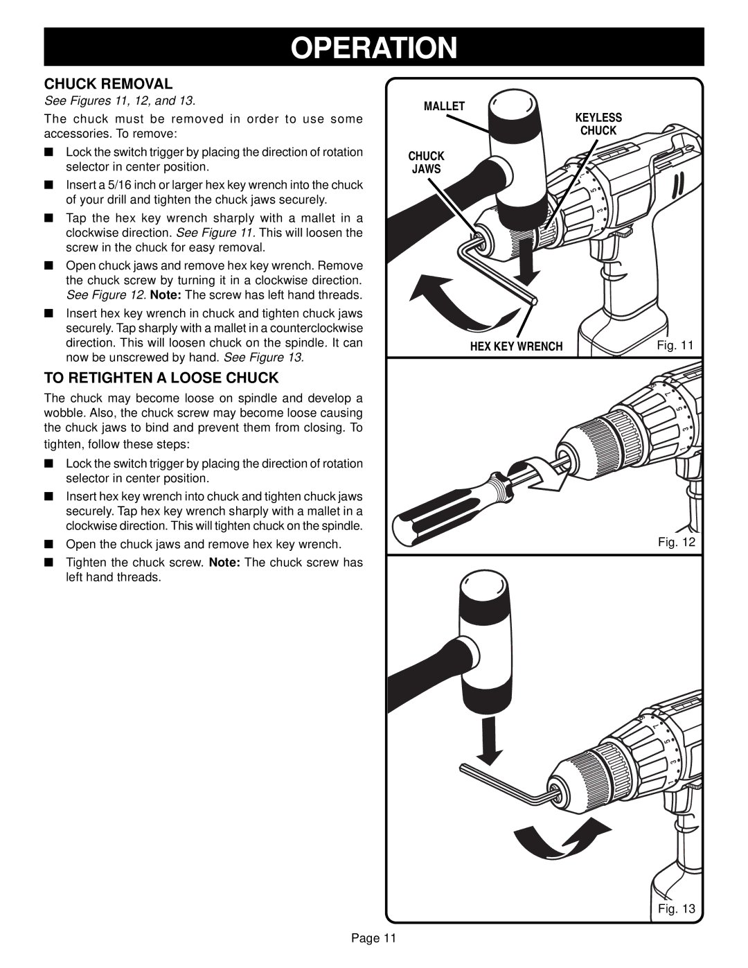 Ryobi HP61 manual Chuck Removal, To Retighten a Loose Chuck, Mallet, HEX KEY Wrench 