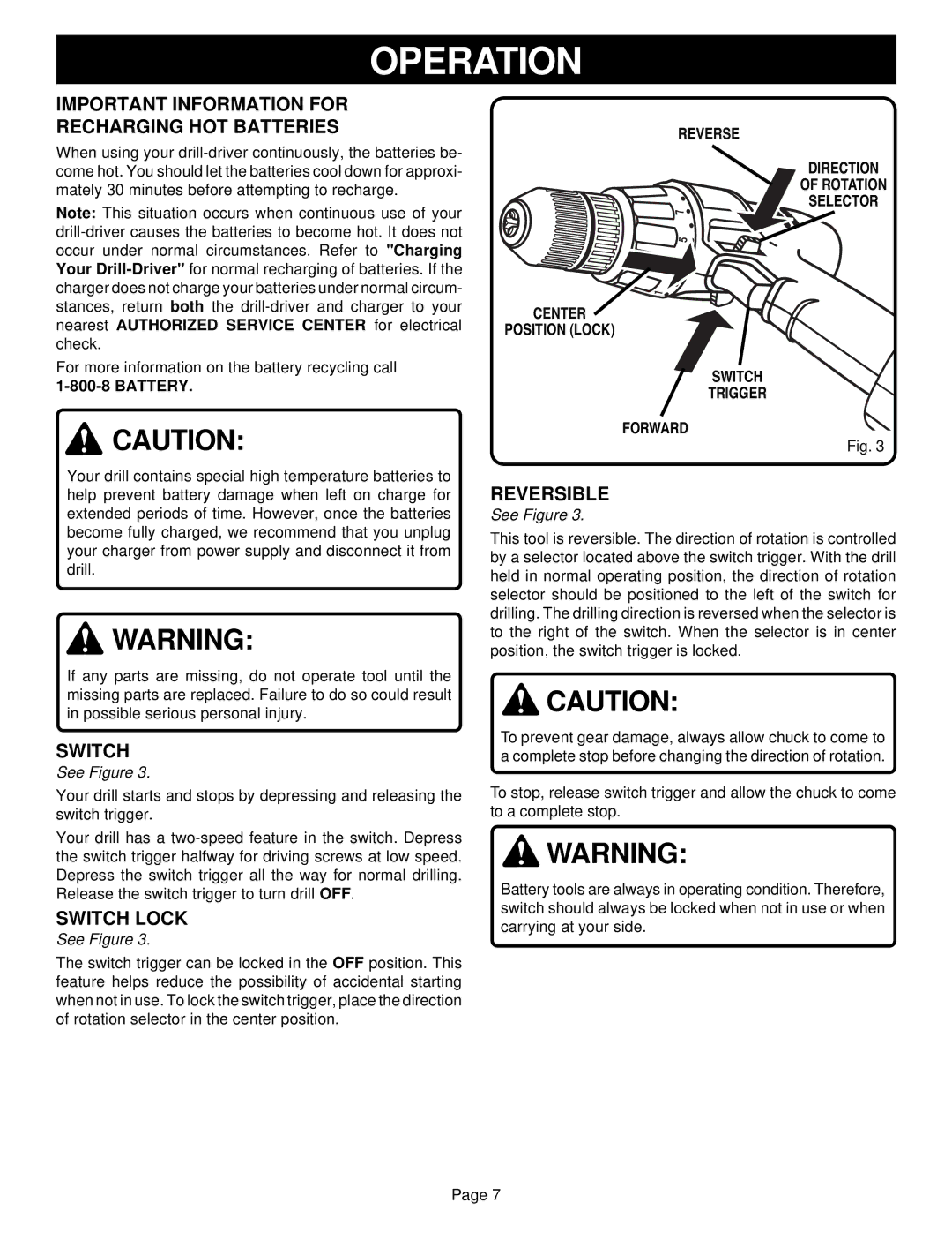 Ryobi HP61 manual Important Information for Recharging HOT Batteries, Switch Lock, Reversible 