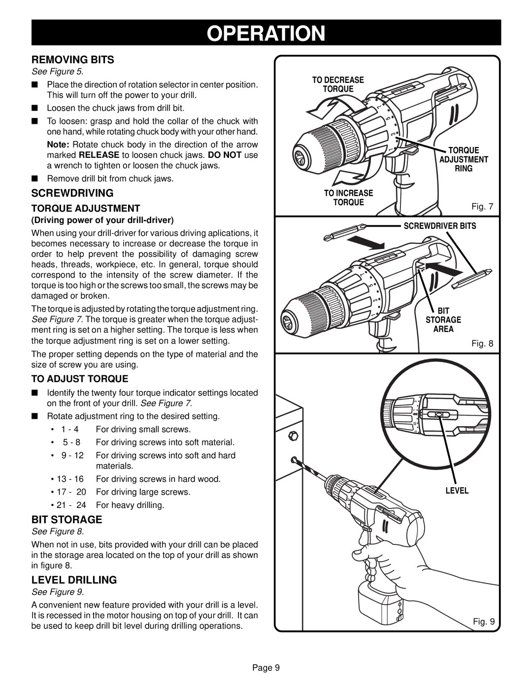 Ryobi HP61 manual Removing Bits, Screwdriving, BIT Storage, Level Drilling 