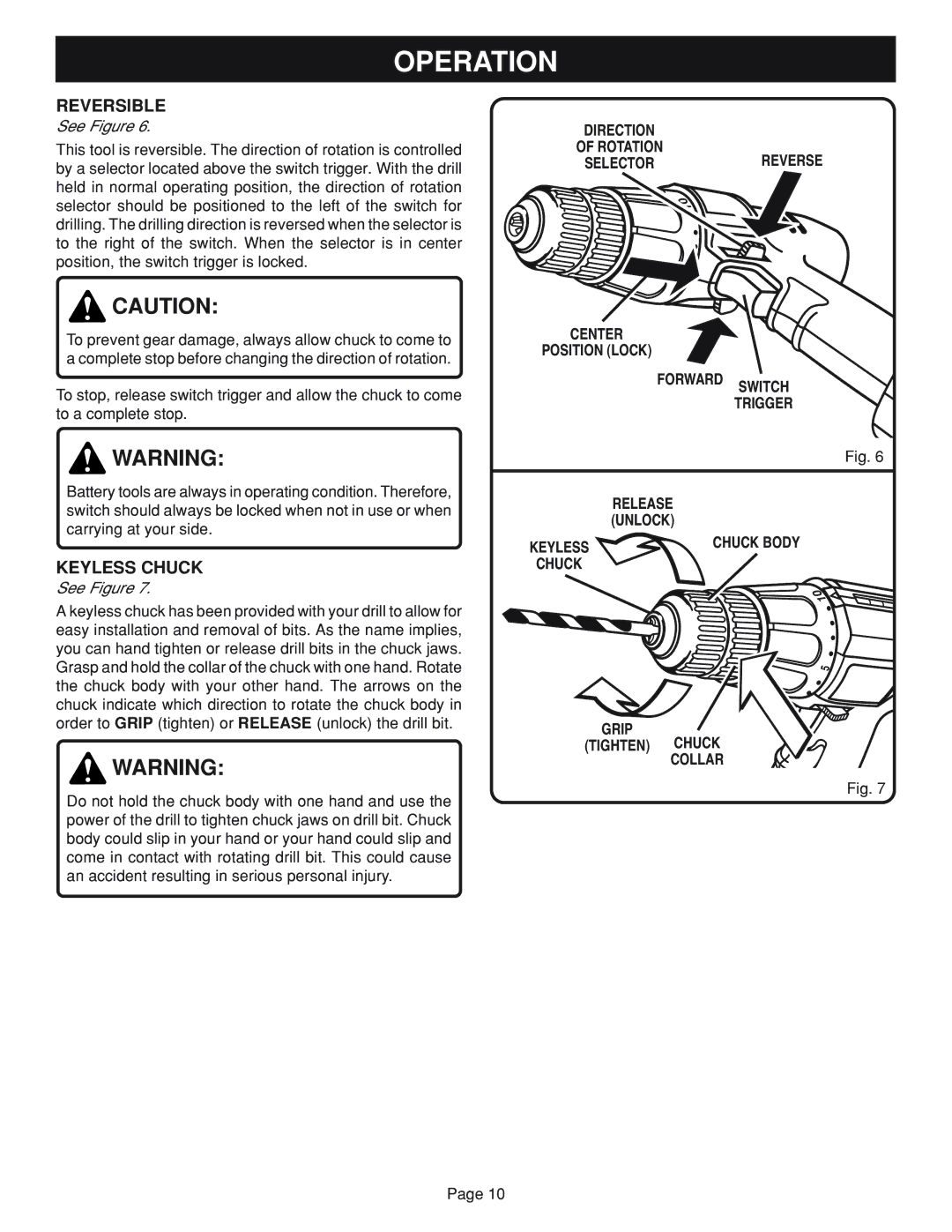 Ryobi HP62, HP722 manual Reversible, Grip Tighten Chuck Collar 