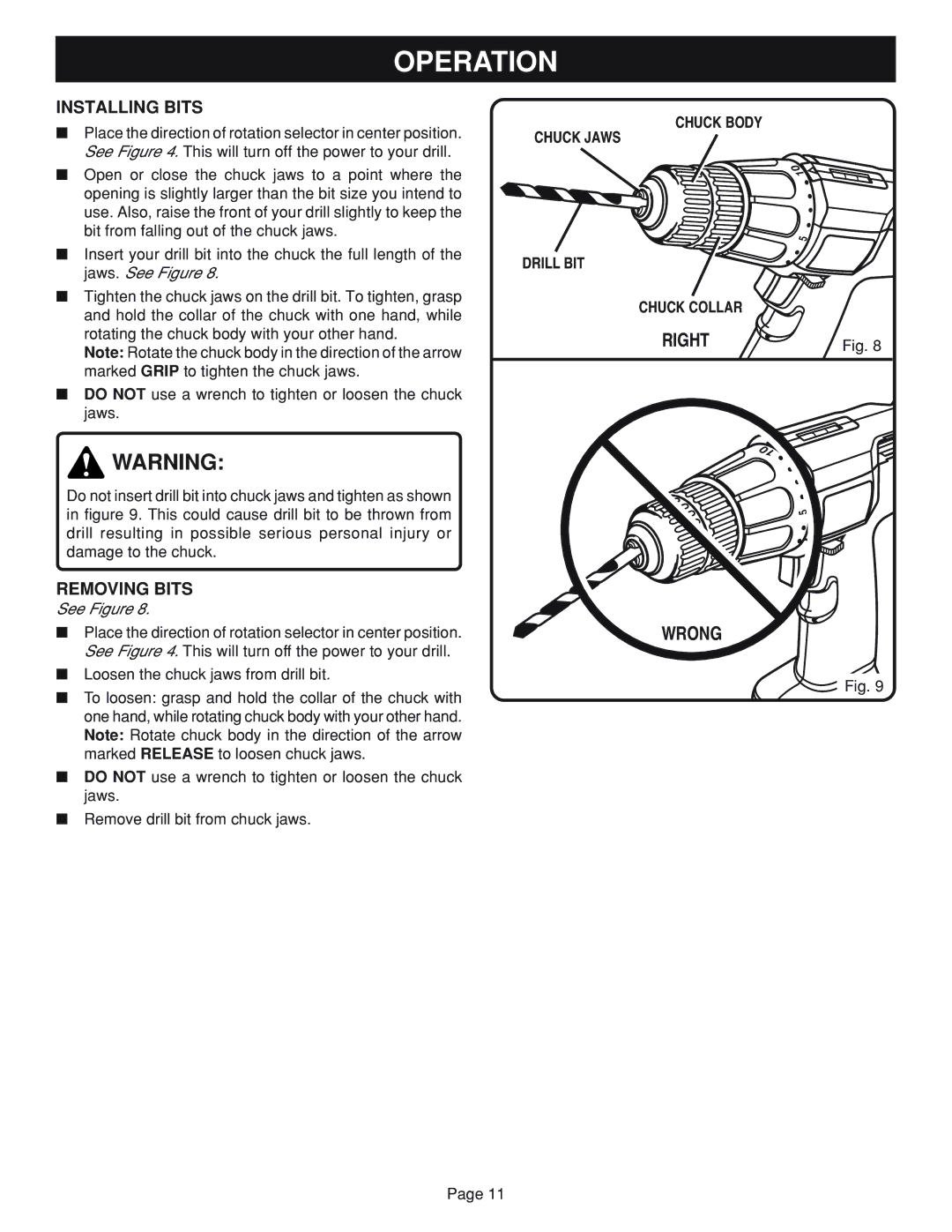 Ryobi HP722, HP62 manual Installing Bits, Removing Bits, Chuck Body Chuck Jaws Drill BIT Chuck Collar 