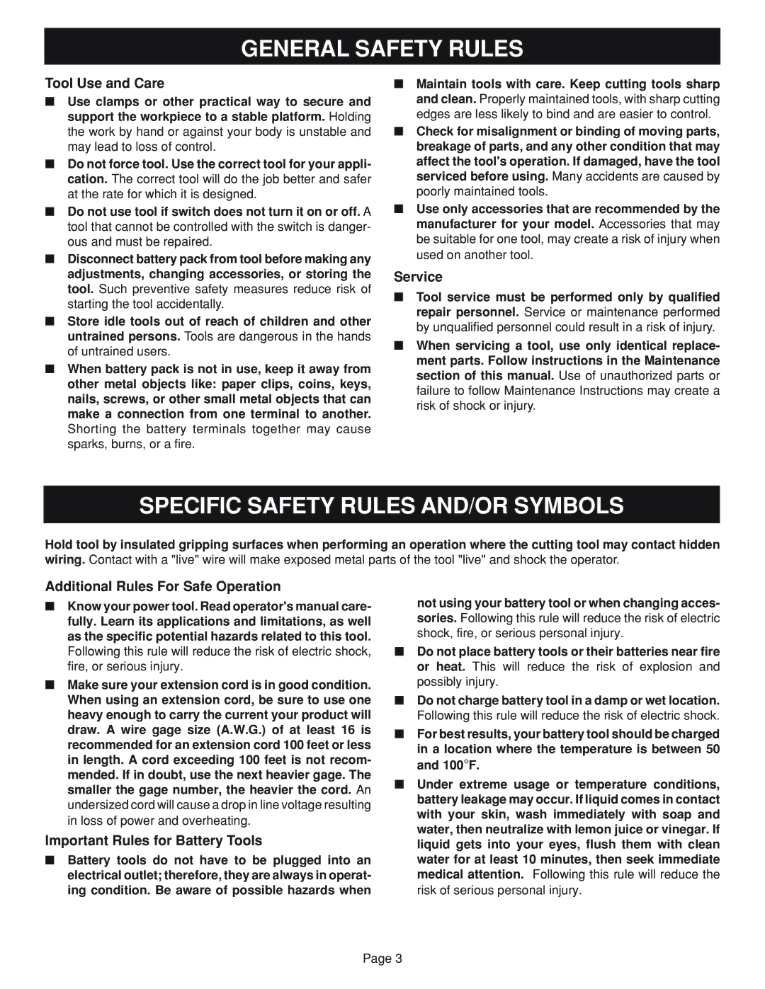 Ryobi HP722, HP62 Specific Safety Rules AND/OR Symbols, Tool Use and Care, Service, Additional Rules For Safe Operation 