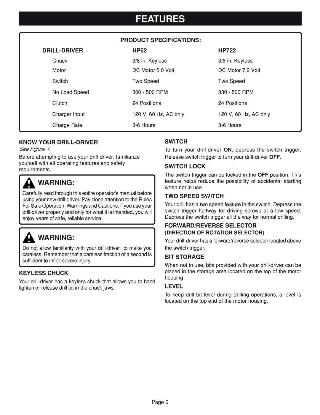 Ryobi HP62 Product Specifications DRILL-DRIVER, Know Your DRILL-DRIVER, Switch Lock, TWO Speed Switch, Keyless Chuck 