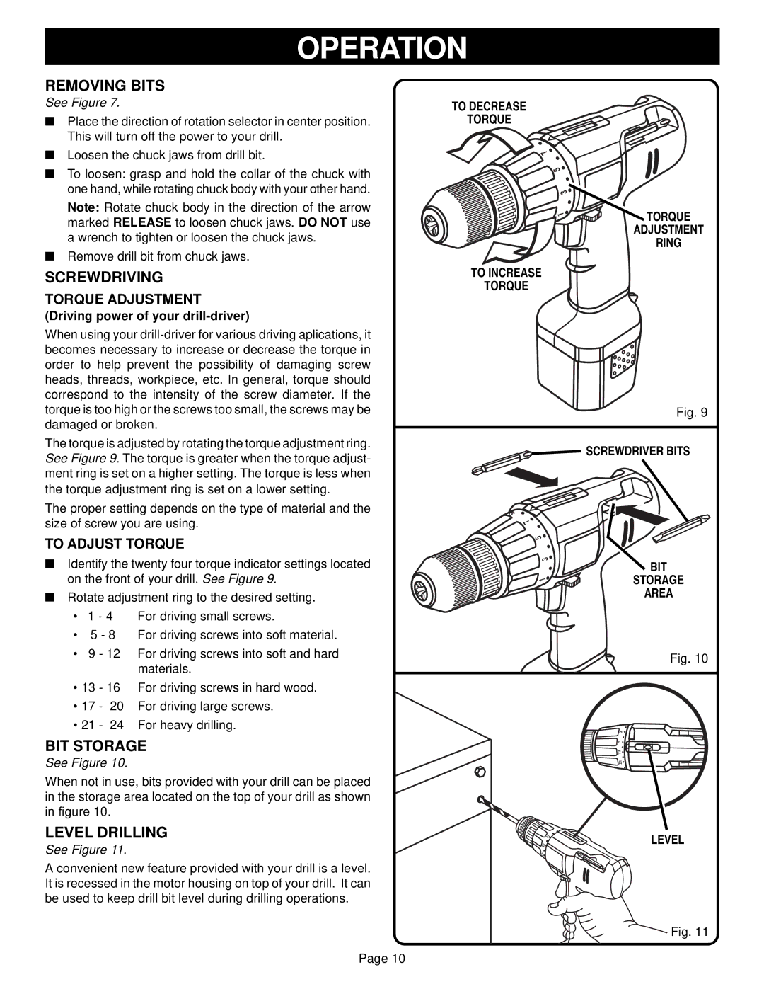 Ryobi HP961, HP721, HP1201 manual Removing Bits, Screwdriving, BIT Storage, Level Drilling 