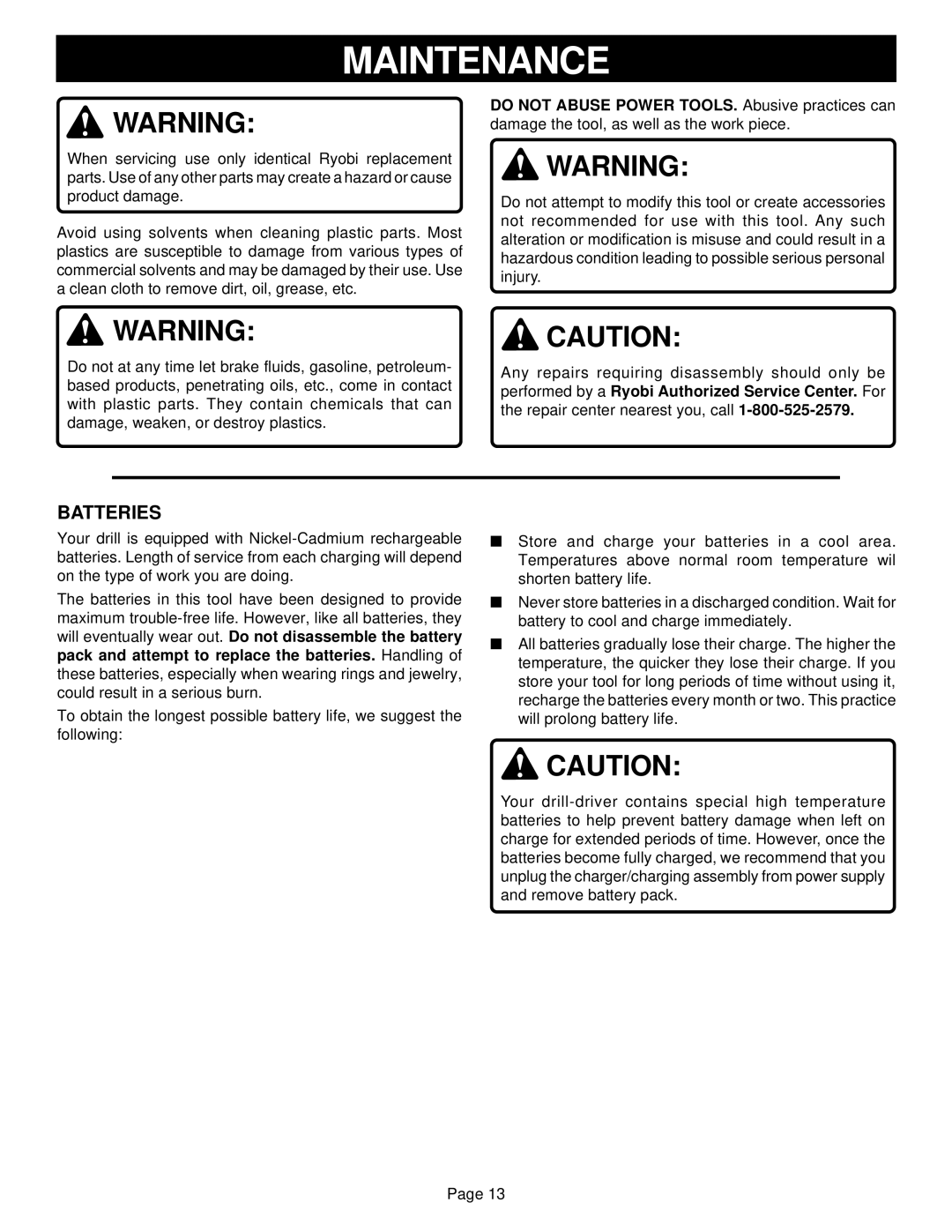 Ryobi HP961, HP721, HP1201 manual Maintenance, Batteries 