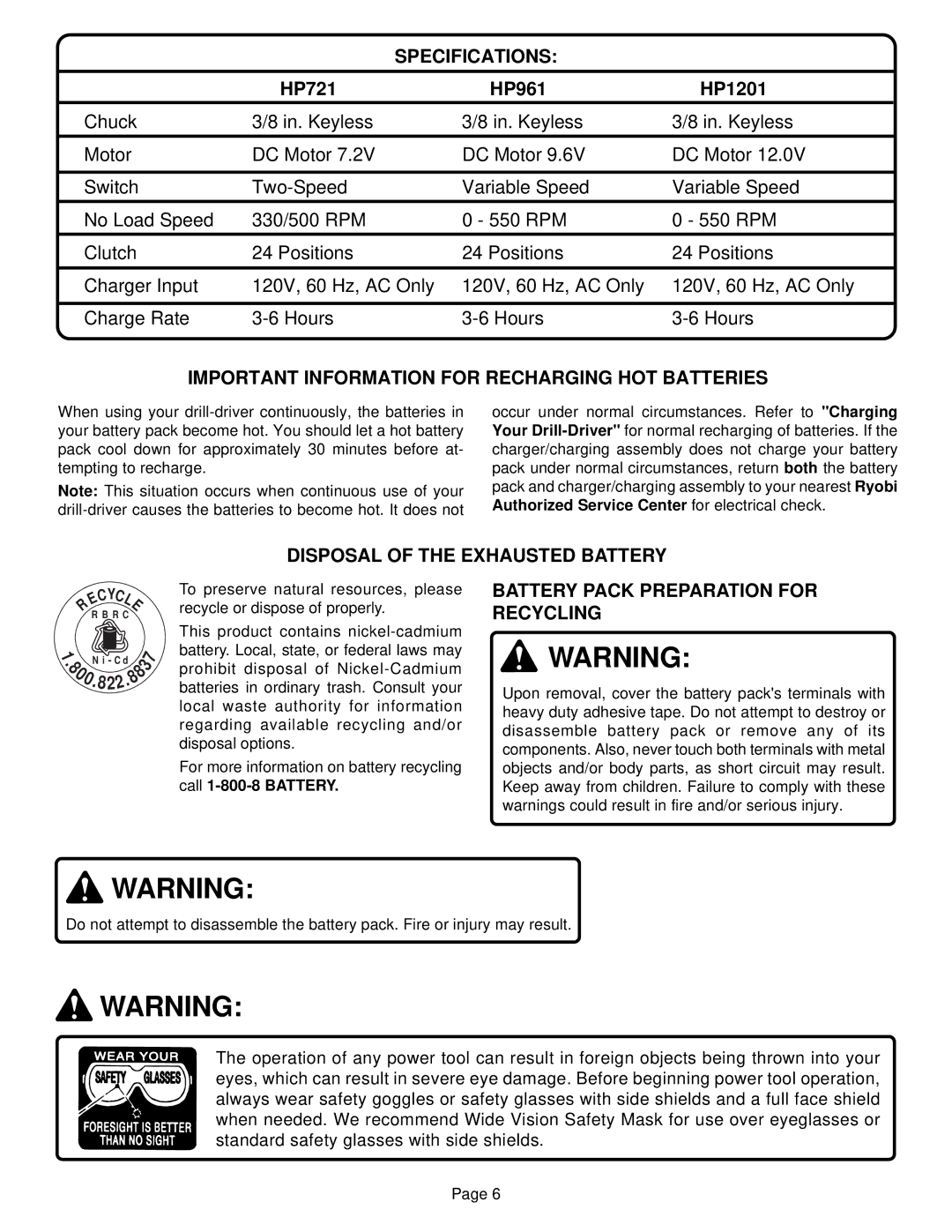 Ryobi HP721, HP961 Specifications, Important Information for Recharging HOT Batteries, Disposal of the Exhausted Battery 