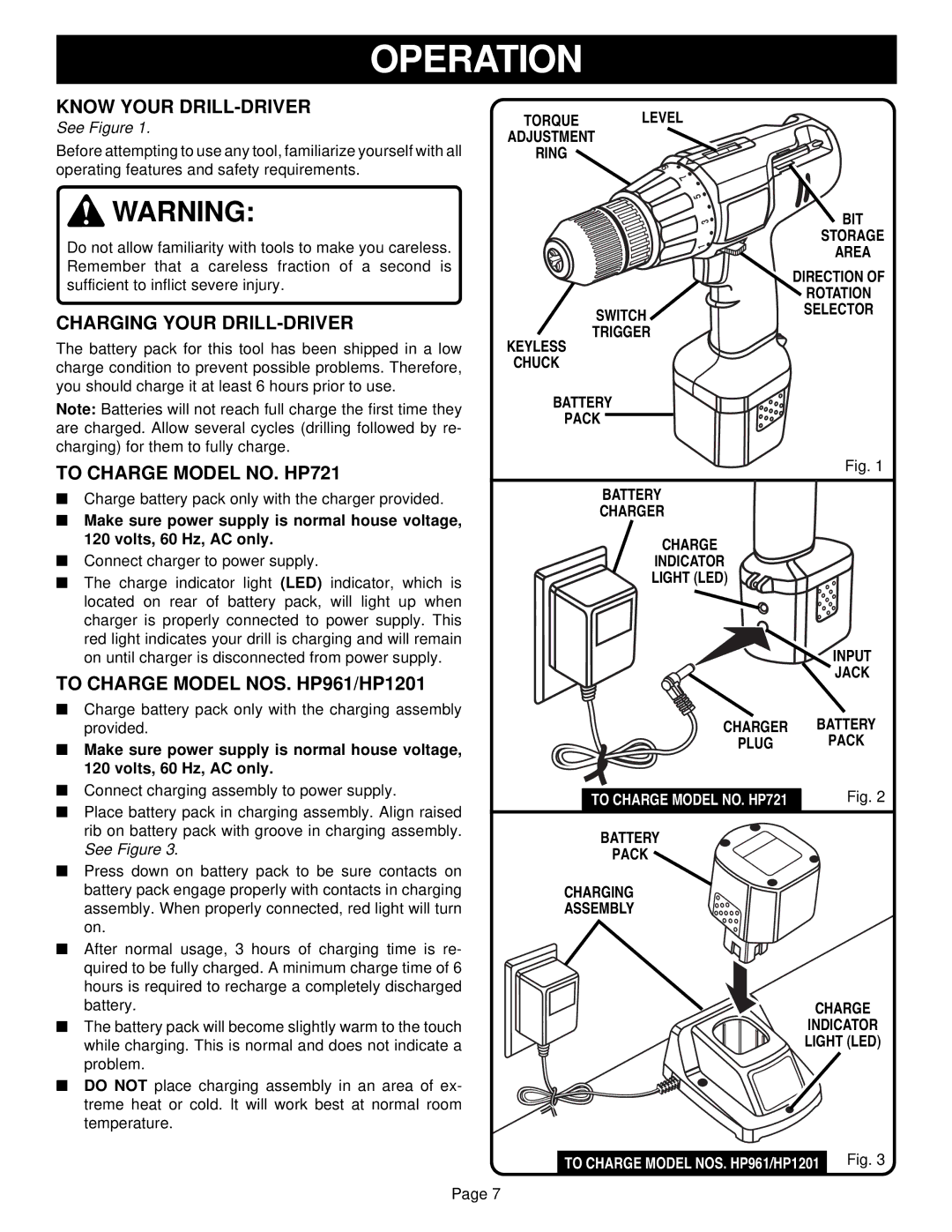 Ryobi HP961, HP1201 manual Operation, Know Your DRILL-DRIVER, Charging Your DRILL-DRIVER, To Charge Model NO. HP721 