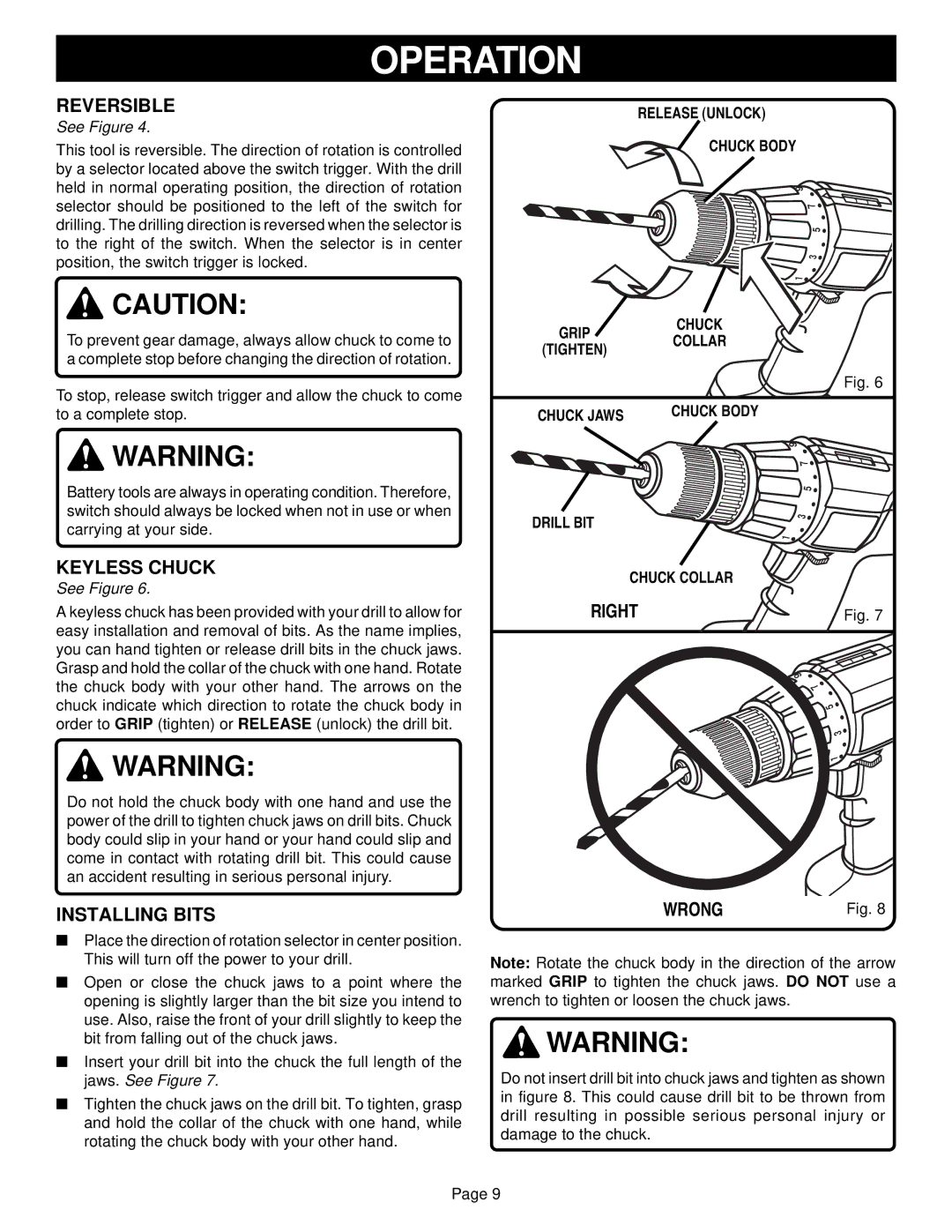 Ryobi HP721, HP961, HP1201 manual Reversible, Keyless Chuck, Installing Bits, Right Wrong 