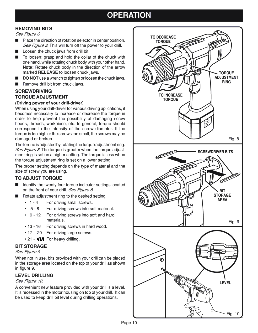 Ryobi HP962, HP1202M manual Removing Bits, Screwdriving Torque Adjustment, To Adjust Torque, BIT Storage, Level Drilling 