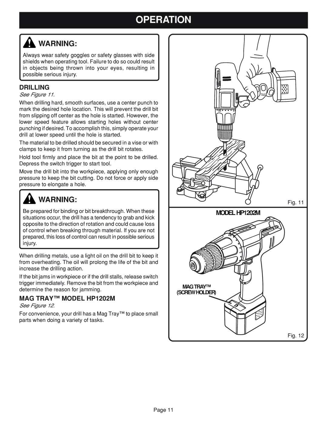 Ryobi HP962 manual Drilling, MAG Tray Model HP1202M, MAG Tray Screw Holder 