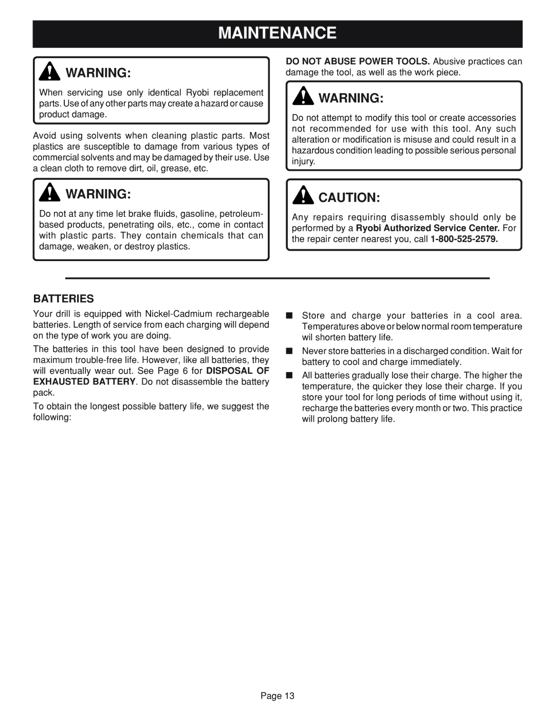 Ryobi HP1202M, HP962 manual Maintenance, Batteries 