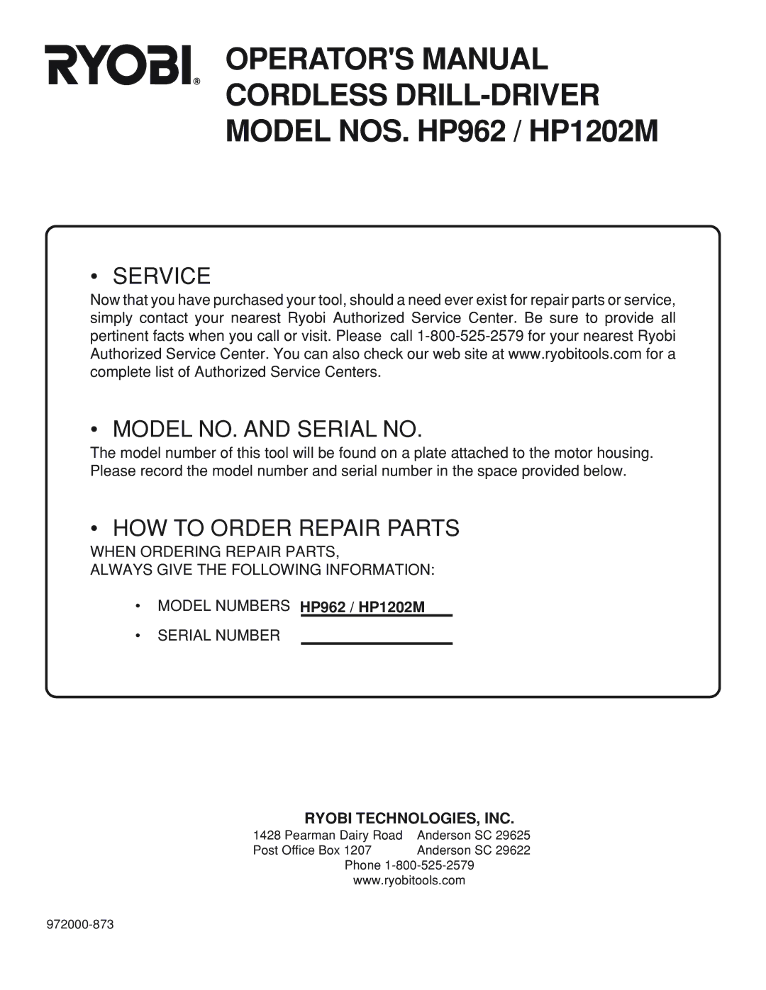 Ryobi manual Model Numbers HP962 / HP1202M, Ryobi TECHNOLOGIES, INC 