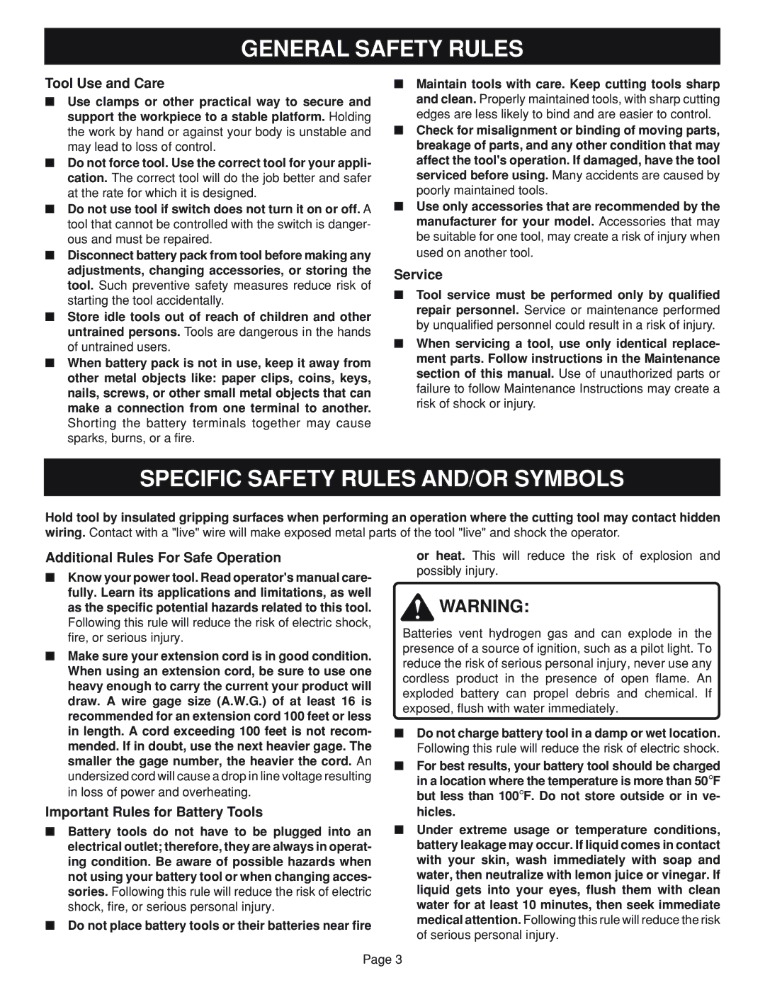 Ryobi HP1202M, HP962 Specific Safety Rules AND/OR Symbols, Tool Use and Care, Service, Additional Rules For Safe Operation 