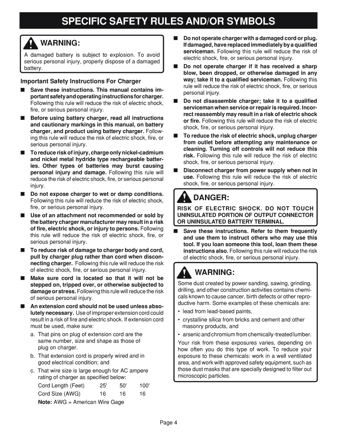 Ryobi HP962, HP1202M manual Important Safety Instructions For Charger 