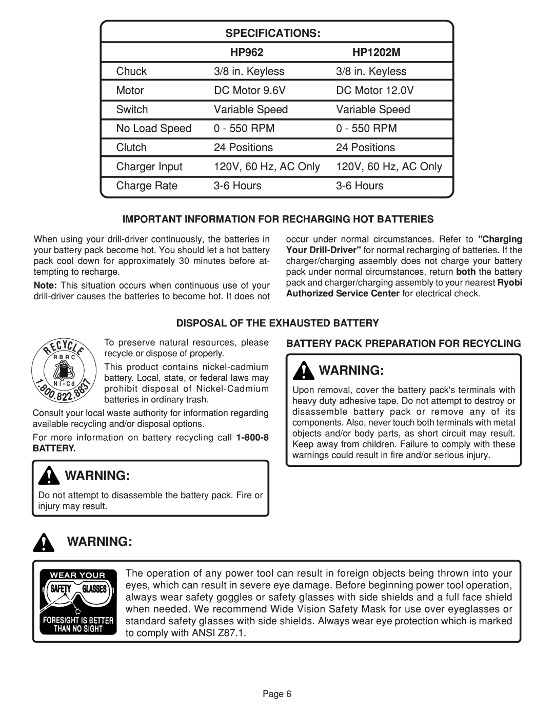 Ryobi HP962, HP1202M Specifications, Important Information for Recharging HOT Batteries, Disposal of the Exhausted Battery 