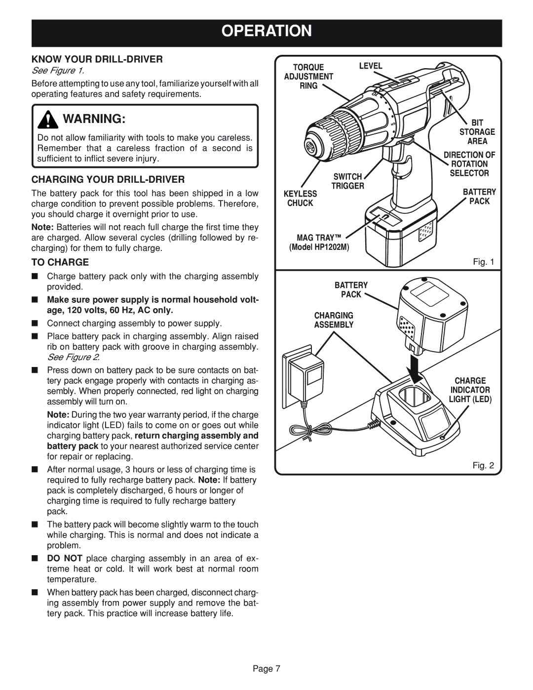 Ryobi HP1202M, HP962 manual Operation, Know Your DRILL-DRIVER, Charging Your DRILL-DRIVER, To Charge 