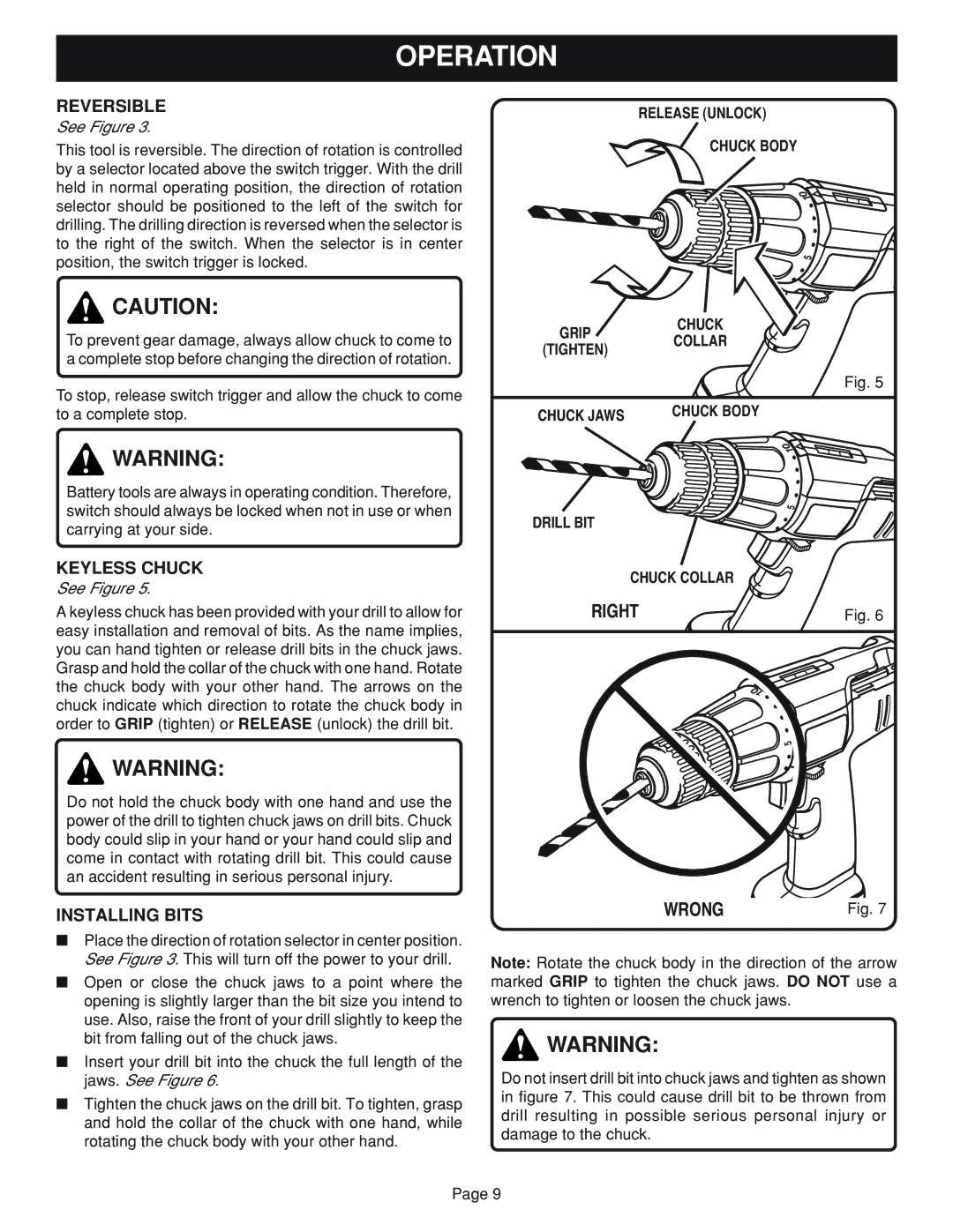 Ryobi HP1202M, HP962 manual Right Wrong, Reversible, Keyless Chuck, Installing Bits 