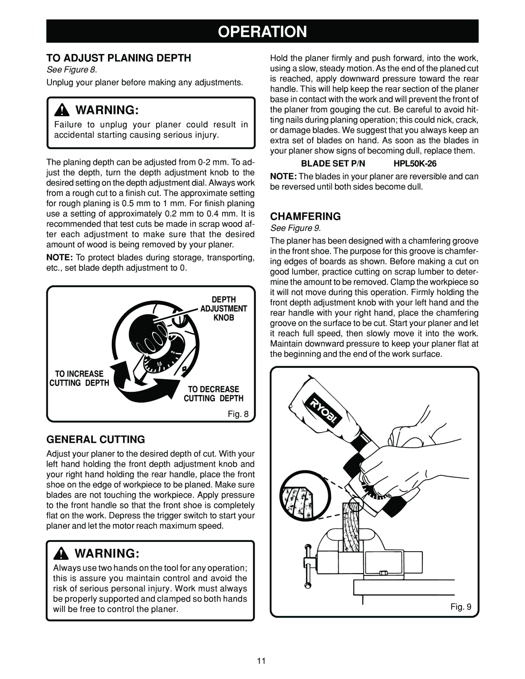 Ryobi HPL50 manual To Adjust Planing Depth, General Cutting, Chamfering, Blade SET P/N 