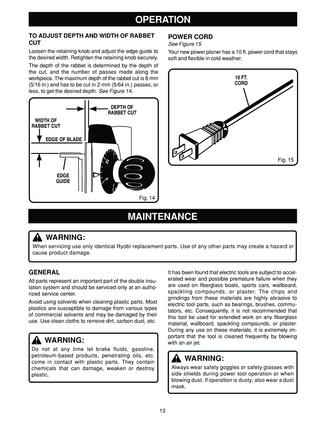 Ryobi HPL50 manual Maintenance, Power Cord, General, Depth Rabbet CUT Width Edge of Blade, Cord Edge Guide 